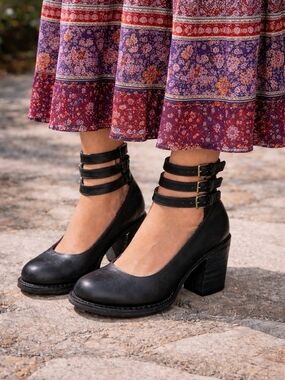 Freebird Randi Black Leather Multi Strap Block Heel Shoes Womens 8